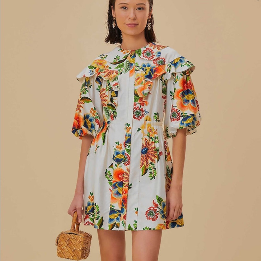 FARM Rio Orange Yellow Ruffled Midi Dress with Puff Sleeves